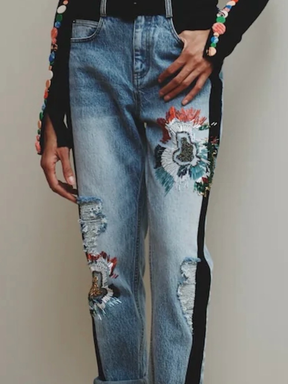 HELLLESSY Yama Embroidered Boyfriend Jeans in Light Blue